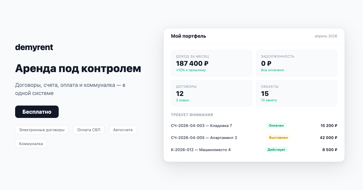 Панель Demyrent с объектами, договорами, начислениями и оплатой аренды